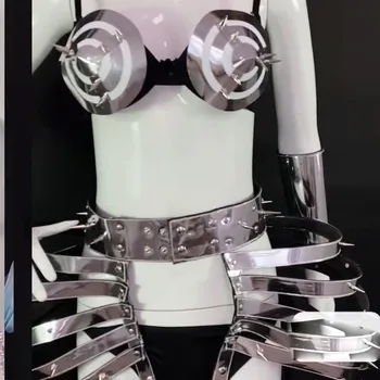 Женское серебряное открытое платье gogo future show party dress, танцевальный костюм певицы из ночного клуба