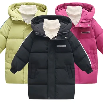 Зимний новый детский пуховый костюм для мальчиков и девочек 3-10 лет, хлопковое пальто средней длины с надписью, плюшевое и утолщенное теплое пальто