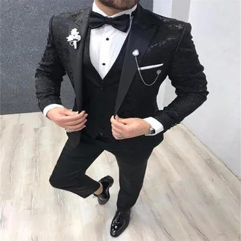 Мужские костюмы, 3 предмета, свадебные костюмы с черной аппликацией на заказ, современный хлопок с лацканами, высококачественное Красивое деловое пальто + брюки + жилет