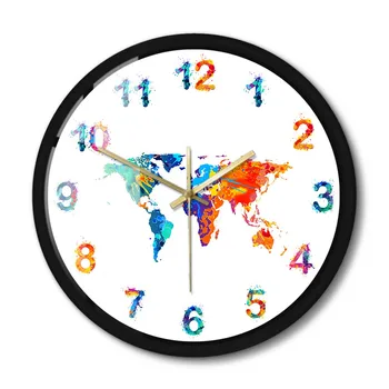 Карта мира Декоративная Металлическая рамка Настенные часы Плоская Земля Минималистичный Арт Подвесные Бесшумные Настенные часы для путешественника Гостиная Спальня