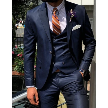 Темно-синий мужской модный костюм из 3 предметов, сшитый на заказ женихом, свадебный смокинг для выпускного вечера, мужской костюм на заказ с брюками