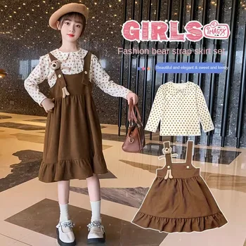 Осенний комплект для девочек, шифоновая рубашка в горошек и юбка на бретельках, комбинация, комплект из двух предметов, одежда для девочек в возрасте от 2 до 8 лет