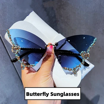 Новые женские роскошные солнцезащитные очки унисекс без оправы в форме бабочки Женские модные солнцезащитные очки для путешествий на открытом воздухе с бриллиантами