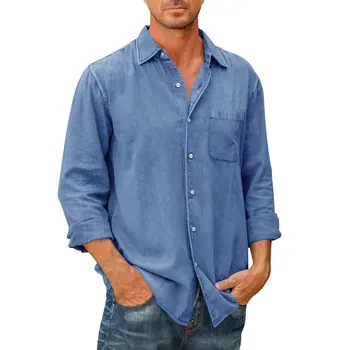 Мужская однотонная хлопковая рубашка с длинным рукавом и карманом синего цвета