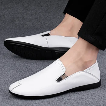 Белые туфли из натуральной кожи, мужская повседневная модная обувь, Элитный бренд, мужские лоферы, Мокасины, Дышащие туфли на плоской подошве, слипоны для вождения,