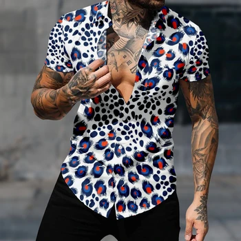 Повседневная гавайская рубашка Мужская рубашка с коротким рукавом из леопардовых перьев Harajuku Y2k Fashion Gothic Streetwear Уютная одежда