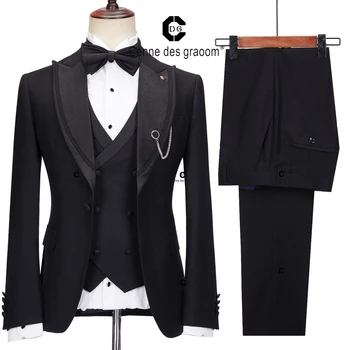 Centne Des Graoom 2023 Элегантные костюмы для мужчин Черный смокинг, пиджак, жилет, Брюки с галстуком-бабочкой, комплект из 4 предметов, Свадебное платье для церемонии, женихи