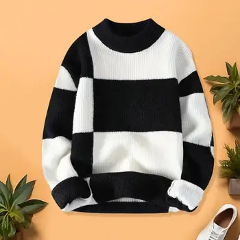 Вязаный свитер контрастного цвета, стильный мужской зимний свитер, теплый трикотаж с круглым вырезом и длинными рукавами, высокая эластичность для осени