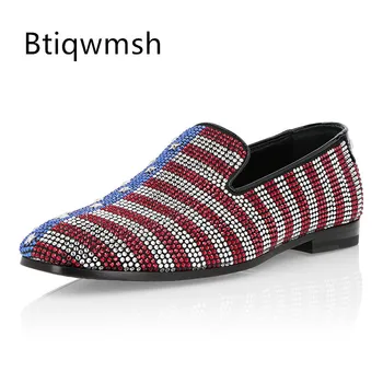 Мужская обувь со стразами в британском стиле, острый носок, разноцветные туфли на плоской подошве с заклепками, мужская классическая обувь для вечеринок