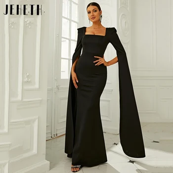 Вечерние платья JEHETH из черного атласа с длинными рукавами, вечерние платья для выпускного вечера с квадратным вырезом 