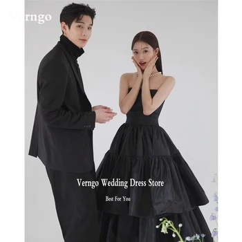 Длинные вечерние платья трапециевидной формы из черной тафты Verngo, Корейские женщины, многоуровневое платье невесты без бретелек, платья для выпускного вечера, официальные мероприятия