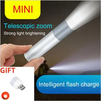 1 шт. Мини-фонарик USB Перезаряжаемый светодиодный фонарик, Водонепроницаемый телескопический Мощный фонарь, наружный зум, портативное освещение