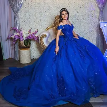 Lorencia Royal Blue Пышное платье Бальное Платье 2023 Цветочные Кружевные Аппликации Бисером Милое Платье 16 15 Vestidos De Fiesta YQD356