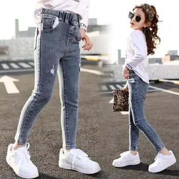 Новые детские джинсовые брюки для девочек, хлопок, Весна 2022, подростковые хлопчатобумажные джинсы на пуговицах, однотонные синие брюки для девочек