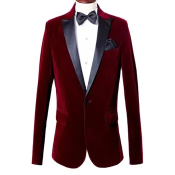 Бордовый бархатный блейзер для мужчин с черным отворотом, цельный мужской костюм, пиджак для свадьбы, пальто для выпускного вечера, модная одежда