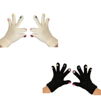 Трикотажные перчатки для взрослых, эластичная перчатка-варежка на весь палец с красочным декором на пуговицах