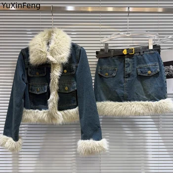 YuXinFeng, Осенне-зимнее модное джинсовое пальто, Короткая джинсовая юбка, женский повседневный комплект из двух предметов, Корейская мода, комплекты из 2 предметов