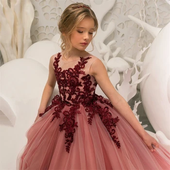 Классическое платье без рукавов из тюля с кружевным принтом для девочек в цветочек, платья принцессы для Первого причастия, Детский подарок-сюрприз на День рождения