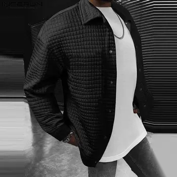 INCERUN, Мужские куртки, Однотонные повседневные пальто в клетку с длинным рукавом и пуговицами, мужская уличная одежда 2023, Модная верхняя одежда для отдыха, S-5XL