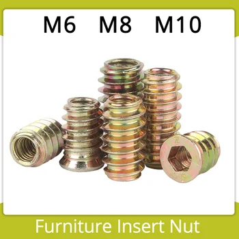Мебельные гайки M6 M8 M10 Из углеродистой стали, покрытой цинковым сплавом, с шестигранной головкой, гайки с приводной резьбой, вставные гайки для шурупов для деревянной мебели