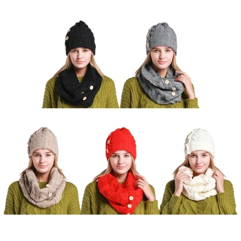 Женская зимняя шапка-бини с манжетами из 2шт трикотажных пуговиц с манжетами для бесконечного круга, шарф