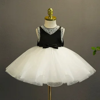 Детское праздничное платье с кружевным бантом и блестками для новорожденных, детское платье для крещения девочки, вечерние платья принцессы на 1-й день рождения, Свадебное детское платье