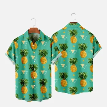 Мужские модные футболки Y2K, Гавайская рубашка с 3D принтом ананаса, Уютная повседневная пляжная одежда оверсайз на одной пуговице с коротким рукавом 11
