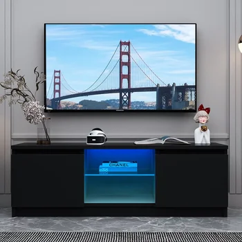 Современная светодиодная подставка для телевизора BOUSSAC из дерева для телевизоров до 55 дюймов, черная