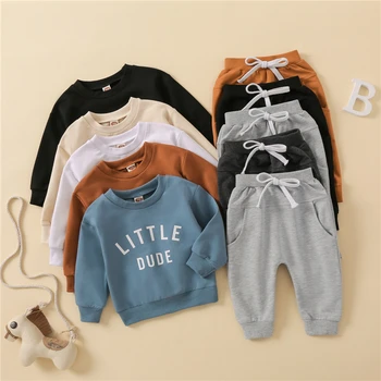 VISgogo/ Осенний комплект одежды для маленьких мальчиков от 0 до 3 лет, толстовки с буквенным принтом, топы, эластичные штаны с завязками, одежда для малышей, комплект из 2 предметов