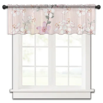 Цветок Персикового цвета, розовая короткая прозрачная занавеска на окно, тюлевые занавески для домашнего декора кухни, спальни, маленькие шторы из вуали