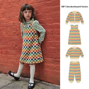 Джемпер для девочек 2023, Осенняя новинка, Модный детский пуловер в клетку, Красочные трикотажные брюки, хлопковое милое платье, детская одежда