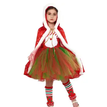 Пышное Рождественское платье для девочек, Рождественское платье для косплея, юбка-пачка без рукавов с накидкой, красные рождественские платья для маленьких девочек
