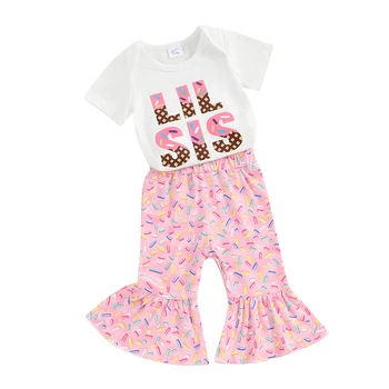 Комплекты штанов из 2 предметов для маленьких девочек, белые комбинезоны с коротким рукавом и буквенным принтом, комплекты расклешенных штанов с принтом пончика