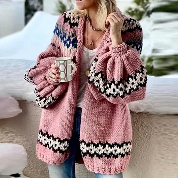 Ретро шаблон печати лоскутное кардиган свитер Женщин Осень V-образным вырезом вязать верхнюю зимнюю фонарь с длинным рукавом теплый джемпер верхняя одежда