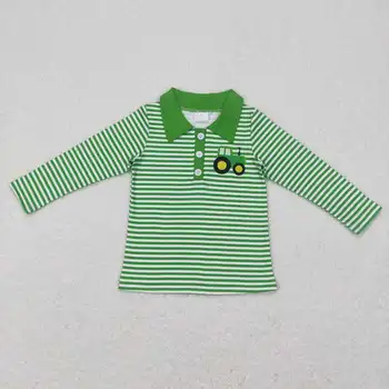 Оптовая продажа детской одежды Лидер продаж, топ с воротником в зеленую и белую полоску и длинными рукавами для маленьких мальчиков, одежда