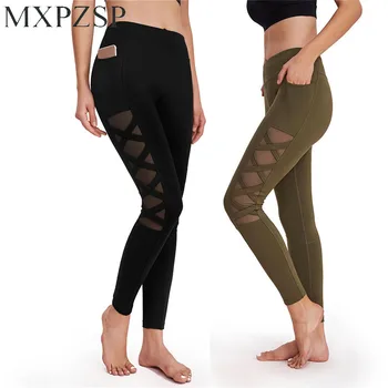 Женские сетчатые штаны для йоги с боковыми карманами, леггинсы для тренировок в тренажерном зале, выдалбливают спортивные леггинсы XL