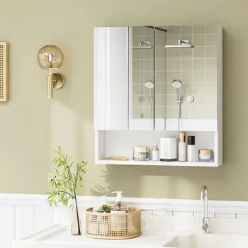 Настенный шкаф для ванной комнаты, аптечка, настенное зеркало для ванной комнаты с зеркальным шкафом для хранения с 2 дверцами и регулировкой