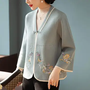 2023 китайский женский костюм tang с v-образным вырезом и длинным рукавом с вышивкой, топ, вязаный кардиган большого размера, весенне-осеннее модное пальто s610