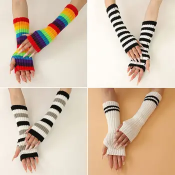 1 пара теплых перчаток на полпальца, модные полосатые ветрозащитные вязаные перчатки, осень, теплые для рук