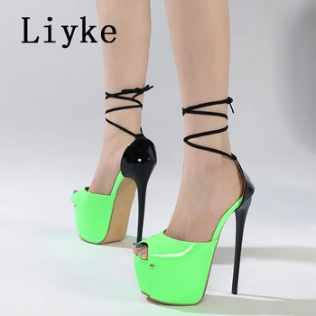 Женская обувь Liyke Summer 16,5 см из зеленой лакированной кожи с открытым носком для танцев на шесте на экстремально высоких каблуках, сексуальные босоножки на платформе-лодочки