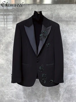 Высококачественный мужской пиджак со стразами, весенняя одежда 2024, новая мода, деловой повседневный Красивый мужской блейзер с длинным рукавом, пальто