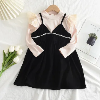 Комплект для девочек базовая рубашка + платье-комбинация, весеннее новое детское платье принцессы с мелким ароматом жемчуга, детская одежда из двух частей