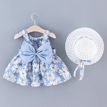 PatPat Комплект из 2 предметов для маленьких девочек с цветочным принтом, бантом, платьем на ремешке и соломенной шляпой