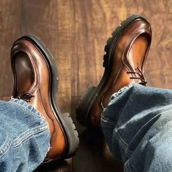 Мужские официальные кожаные туфли NIGO Four Seasons Temperament коричневого цвета из воловьей кожи на массивном каблуке Ngvp #nigo7660