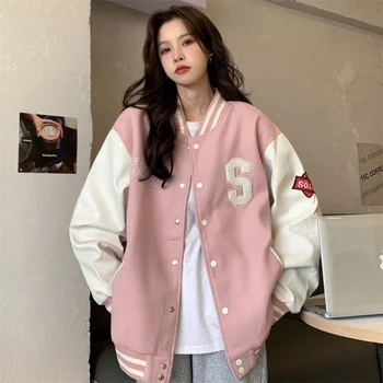 Deeptown Y2k Уличная куртка-бомбер, женские университетские куртки оверсайз, униформа колледжа, модное Корейское Розовое бейсбольное пальто Harajuku