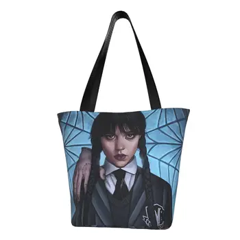 Модный принт Wednesday Addams, сумки для покупок, Моющиеся холщовые сумки-шопперы, Готическая женская сумочка на плечо