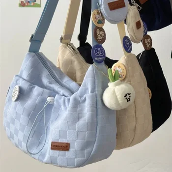 Сумка через плечо в стиле Харадзюку для колледжа, однотонная сумка в клетку, Большая вместительная сумка через плечо, Новая Милая модная дизайнерская сумочка