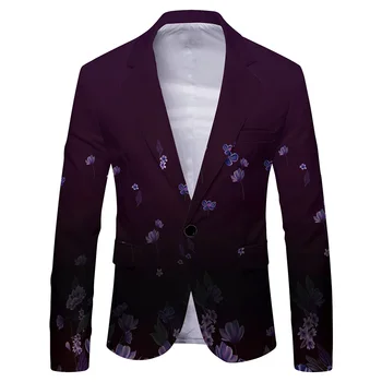 Модный мужской повседневный блейзер, пиджак, приталенное пальто на пуговицах, свадебная деловая одежда с 3D-принтом, V-образный вырез, длинный рукав