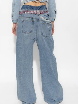 Поддельные две части ремня с дырками в джинсах, модная уличная вышивка в стиле ретро, широкие брюки для выступлений певицы