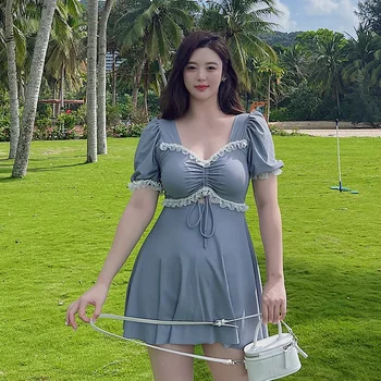 Женское платье-купальник, цельный, 2024, Милые, с пышными рукавами, с кружевным жемчугом, для плавания, для похудения, Корейские купальники